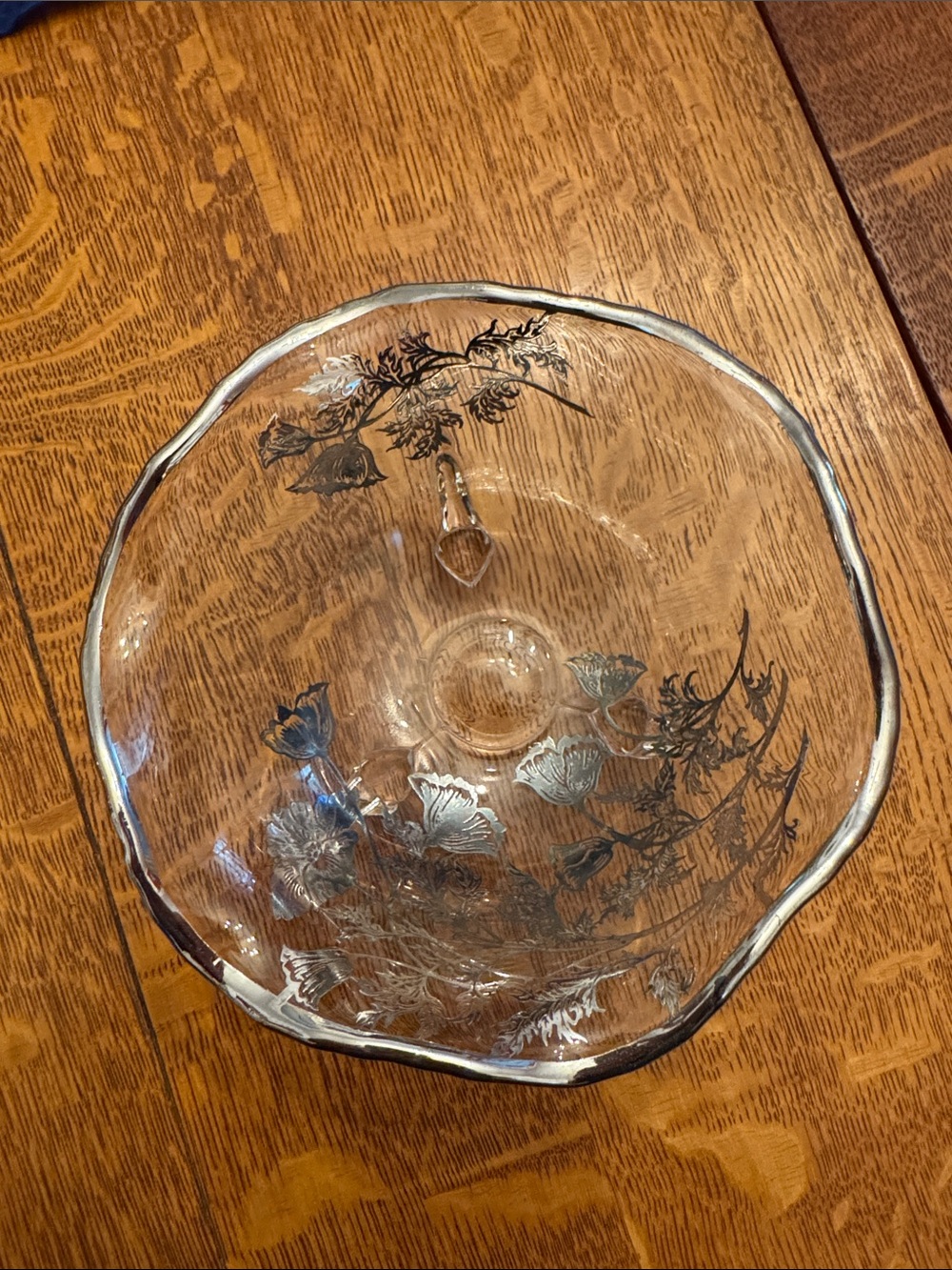 Clear Glass Floral Serving Bowl with Silver Rim